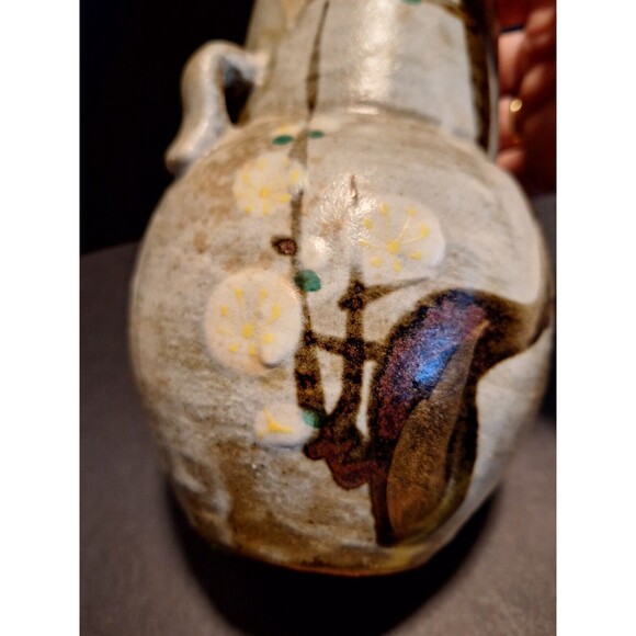 Pottery Vase w/Handles Red And White Plum Peanut Signed